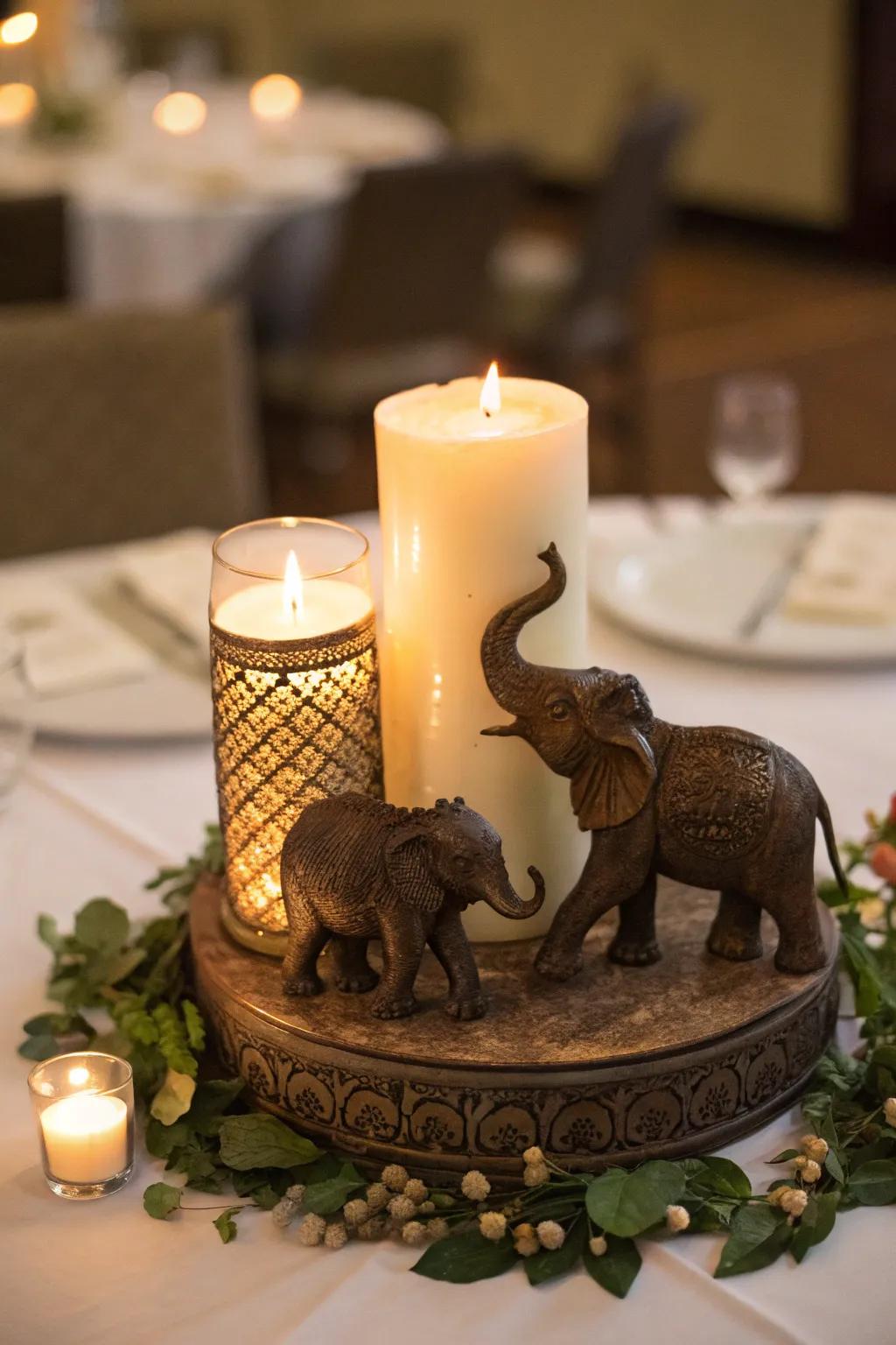 Candlelit centerpiece with elephants for a cozy feel.