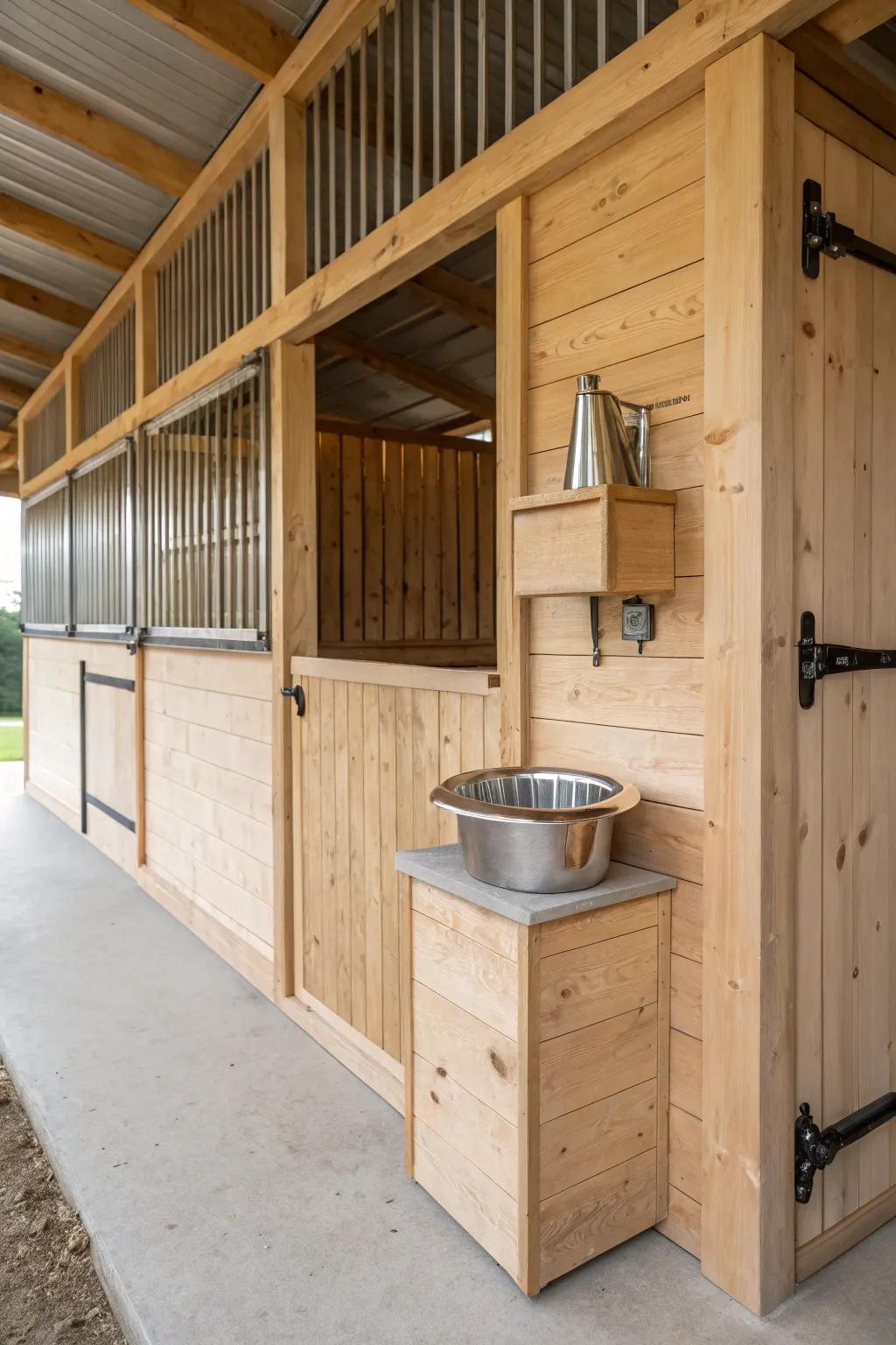 Elevate your horse stall with a sleek, built-in feeding station that blends minimalist elegance with functional design.