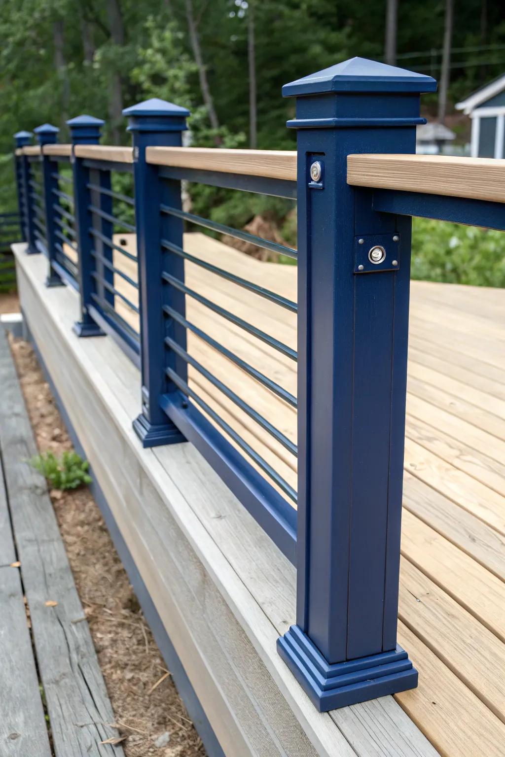 Elevate your deck with bold navy posts for a striking contrast and timeless craftsmanship.