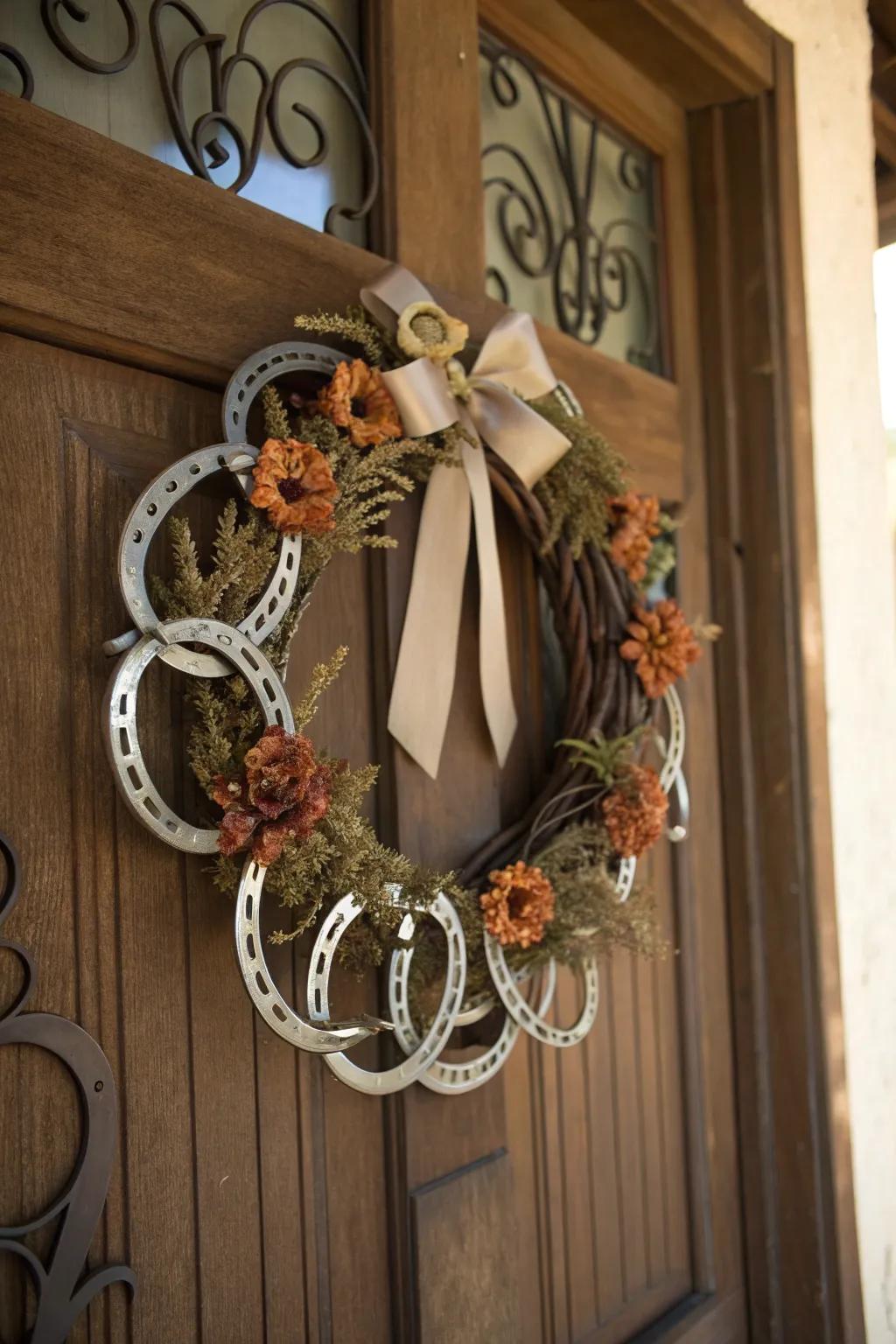 Welcome warmth to your home with this handcrafted horseshoe wreath, where rustic charm meets timeless elegance.