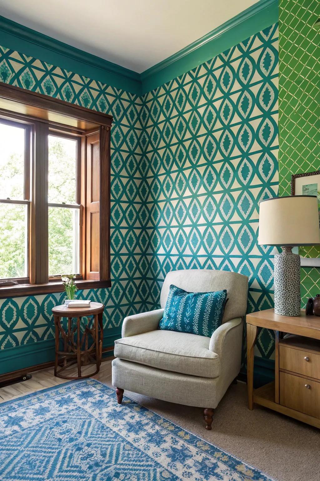 Room transformed with bold patterned wallpaper.