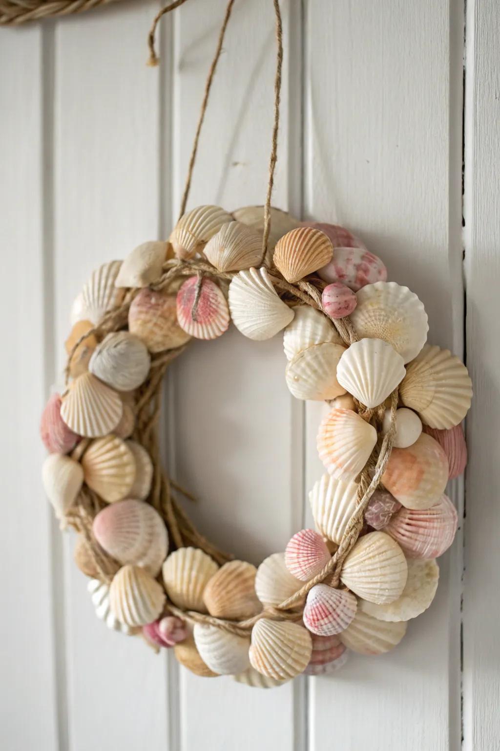 Bring coastal charm to your home with this serene seashell wreath. 🌊✨ #CoastalElegance #HandcraftedBeauty
