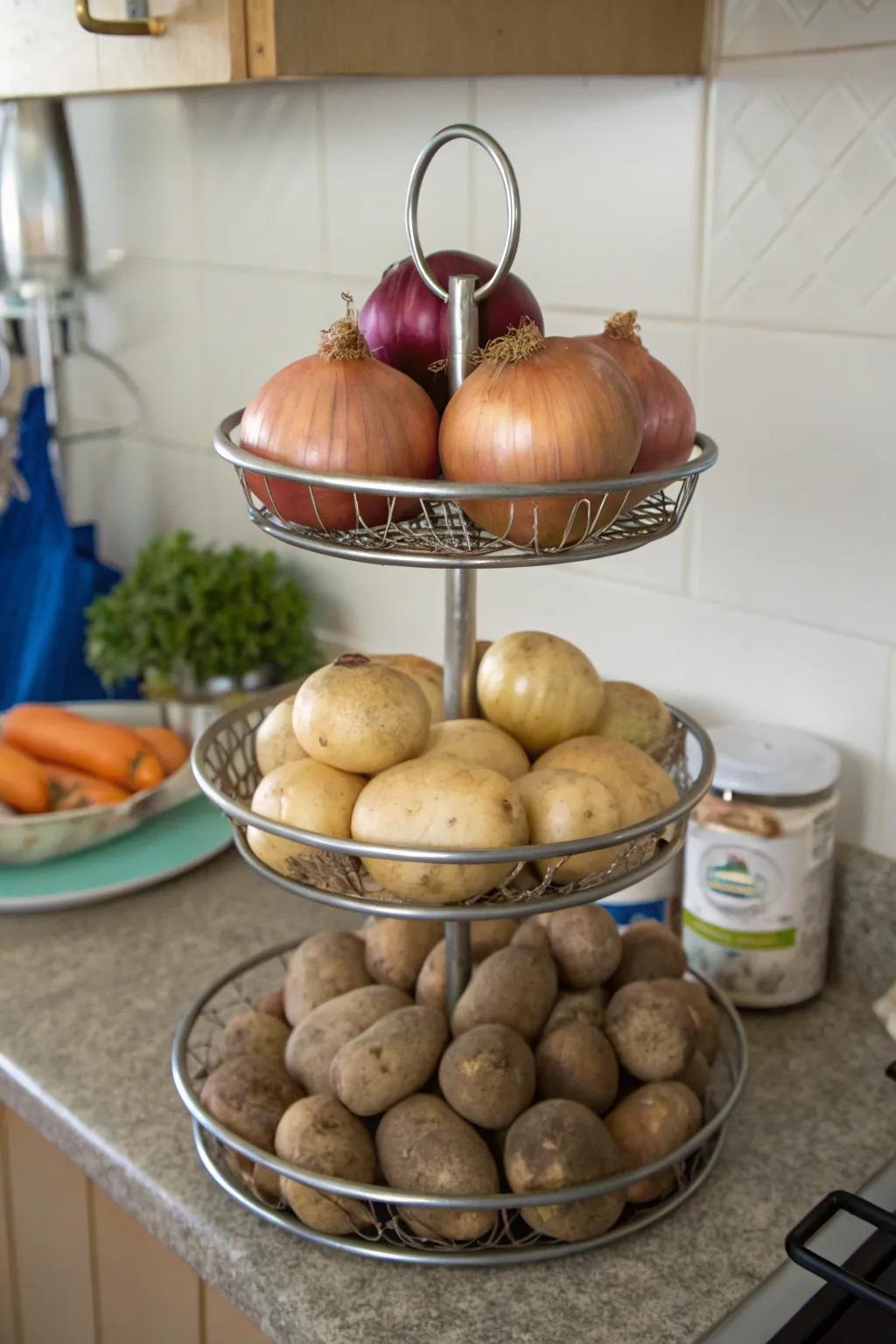 Multi-tiered stands offer an elegant storage solution for produce.