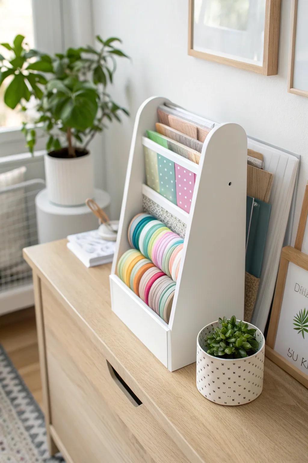 Transform your ribbon chaos into a stylish display with magazine holders—where simplicity meets elegance.