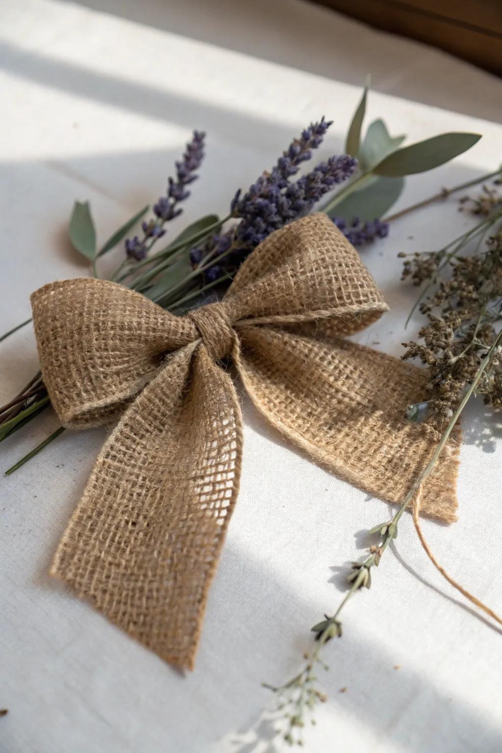 Embrace rustic elegance with a handcrafted burlap bow, perfect for earthy gift wraps.