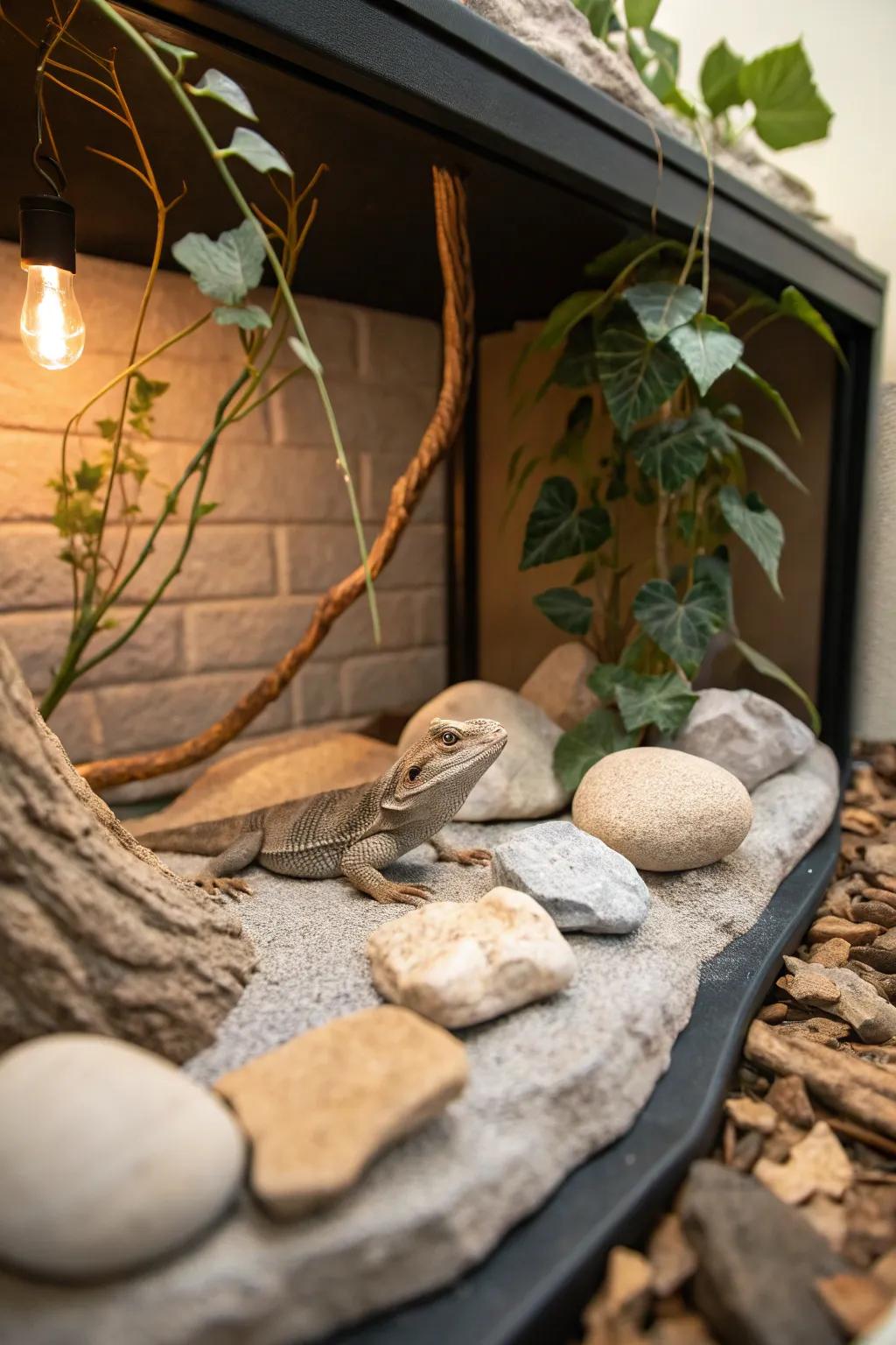 Embrace nature with a minimalist iguana haven that blends Scandinavian simplicity with boho charm.