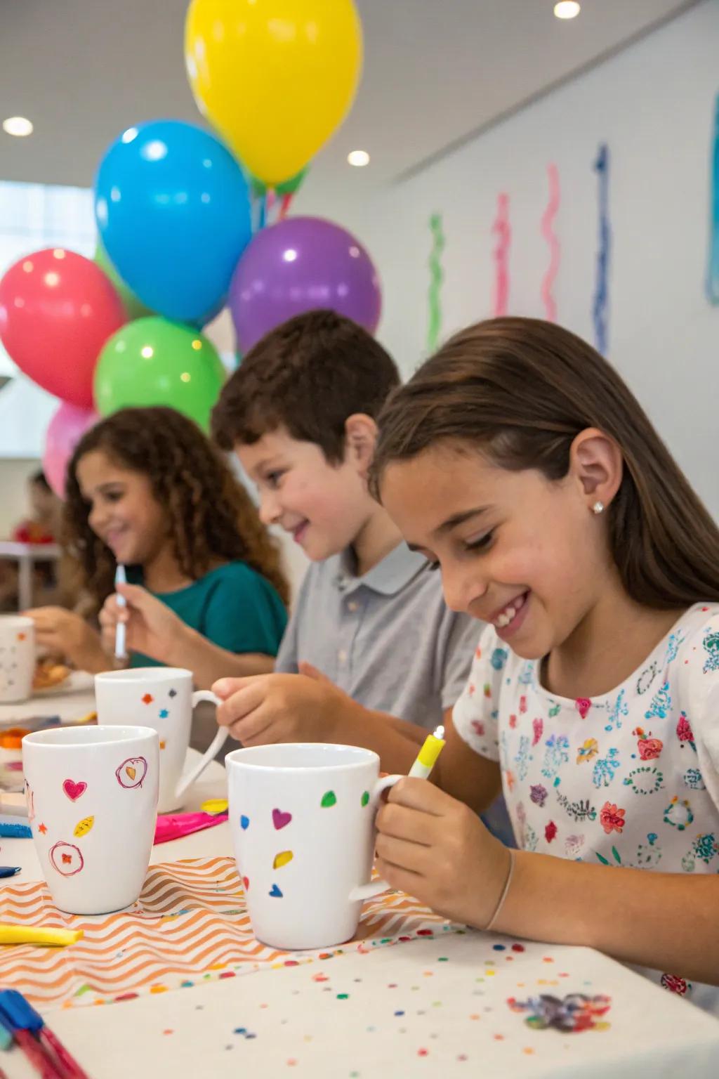 Kids creatively decorating their own mugs as a personal keepsake.