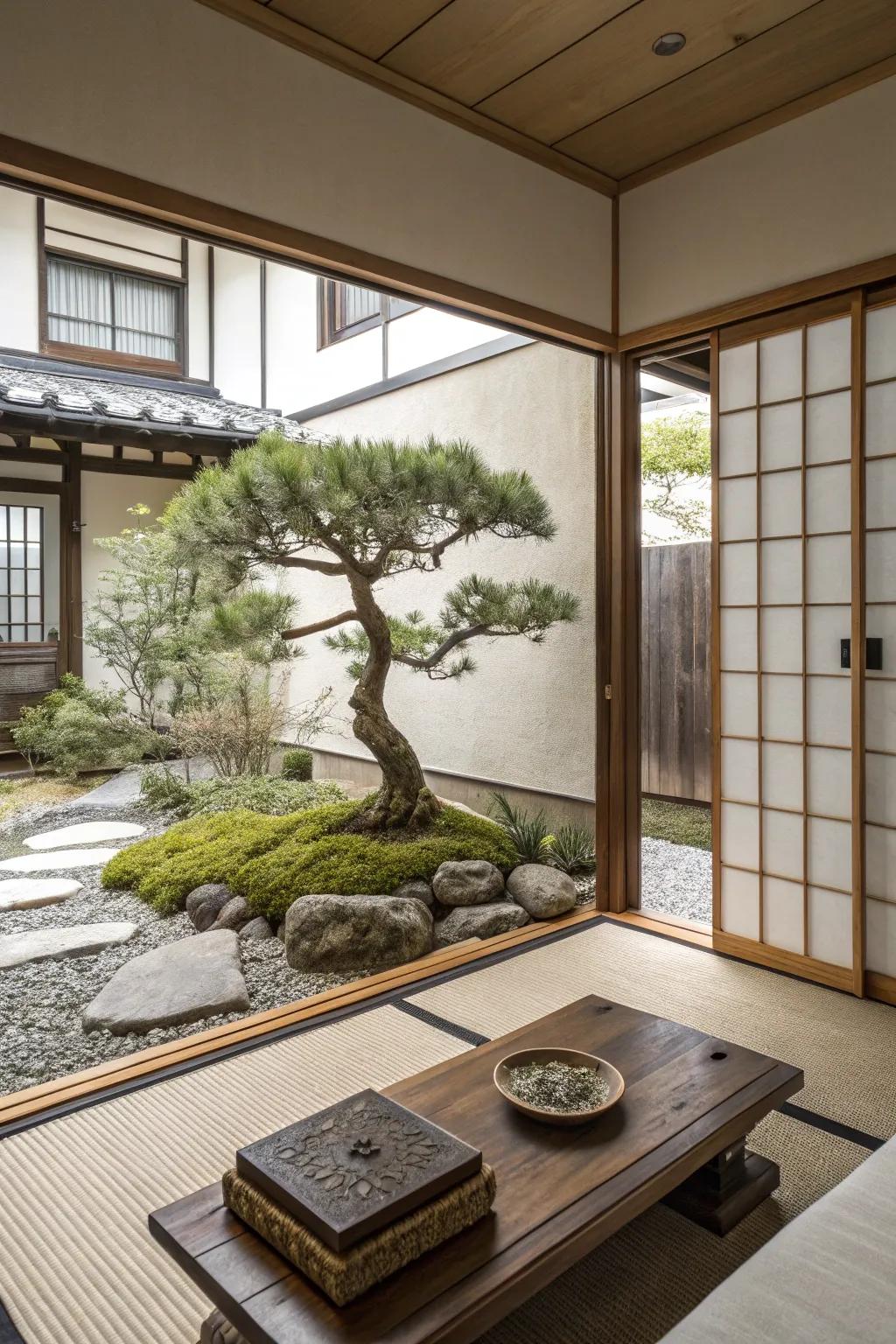 A bonsai tree and Zen garden bring tranquility to this living room setting.