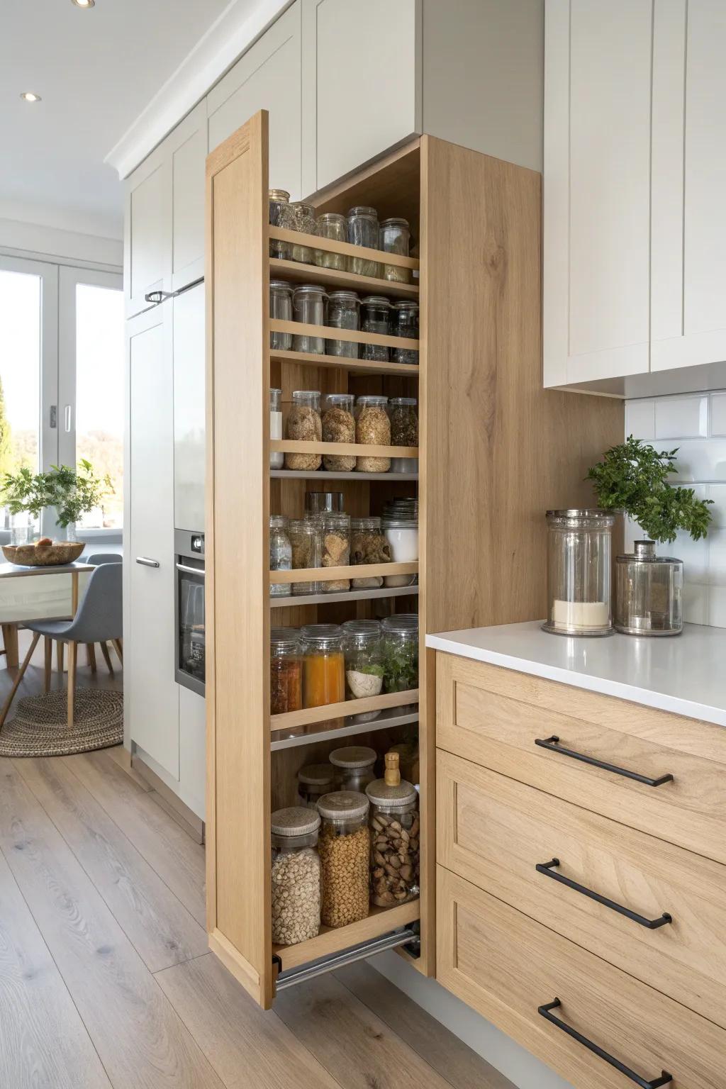 Elevate your kitchen storage with this chic and functional pull-out pantry. Style meets practicality in perfect harmony!