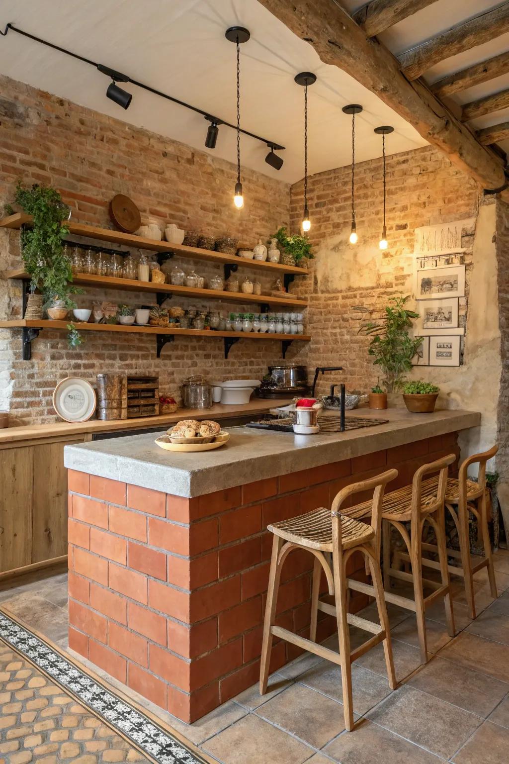 A terracotta kitchen island adds rustic charm and warmth to the kitchen setting.