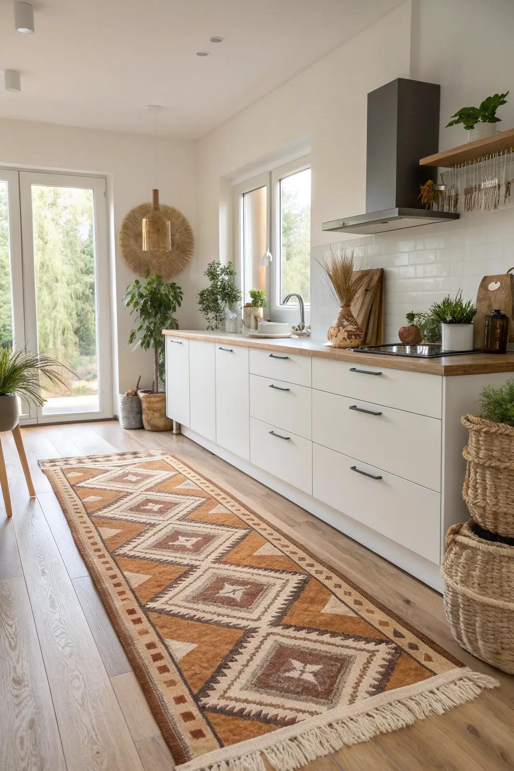 Transform your kitchen island with a touch of warmth and style—introduce a charming geometric runner rug.