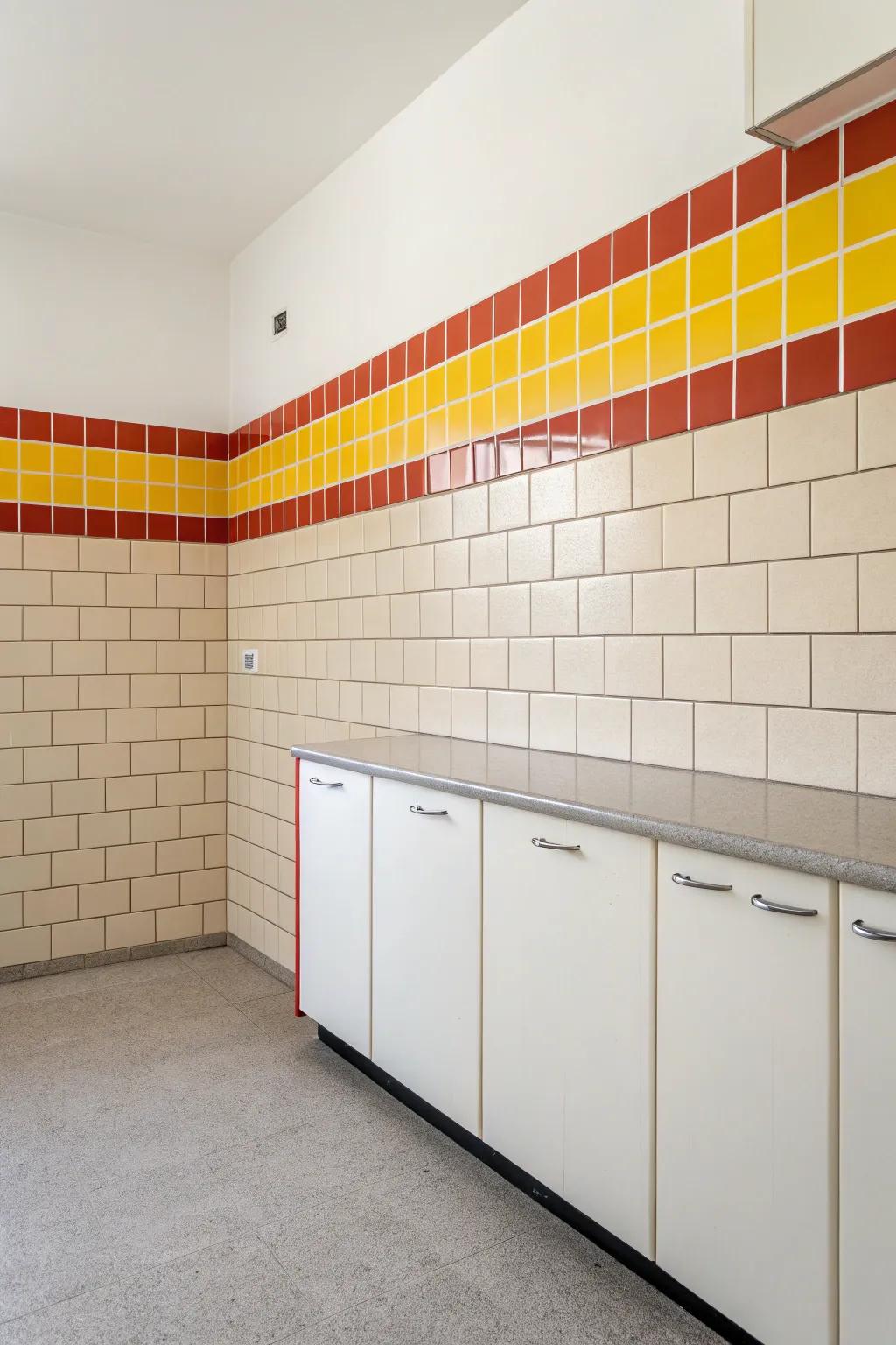Neutral tiles with a vibrant accent stripe add a pop of color to this minimalist kitchen.