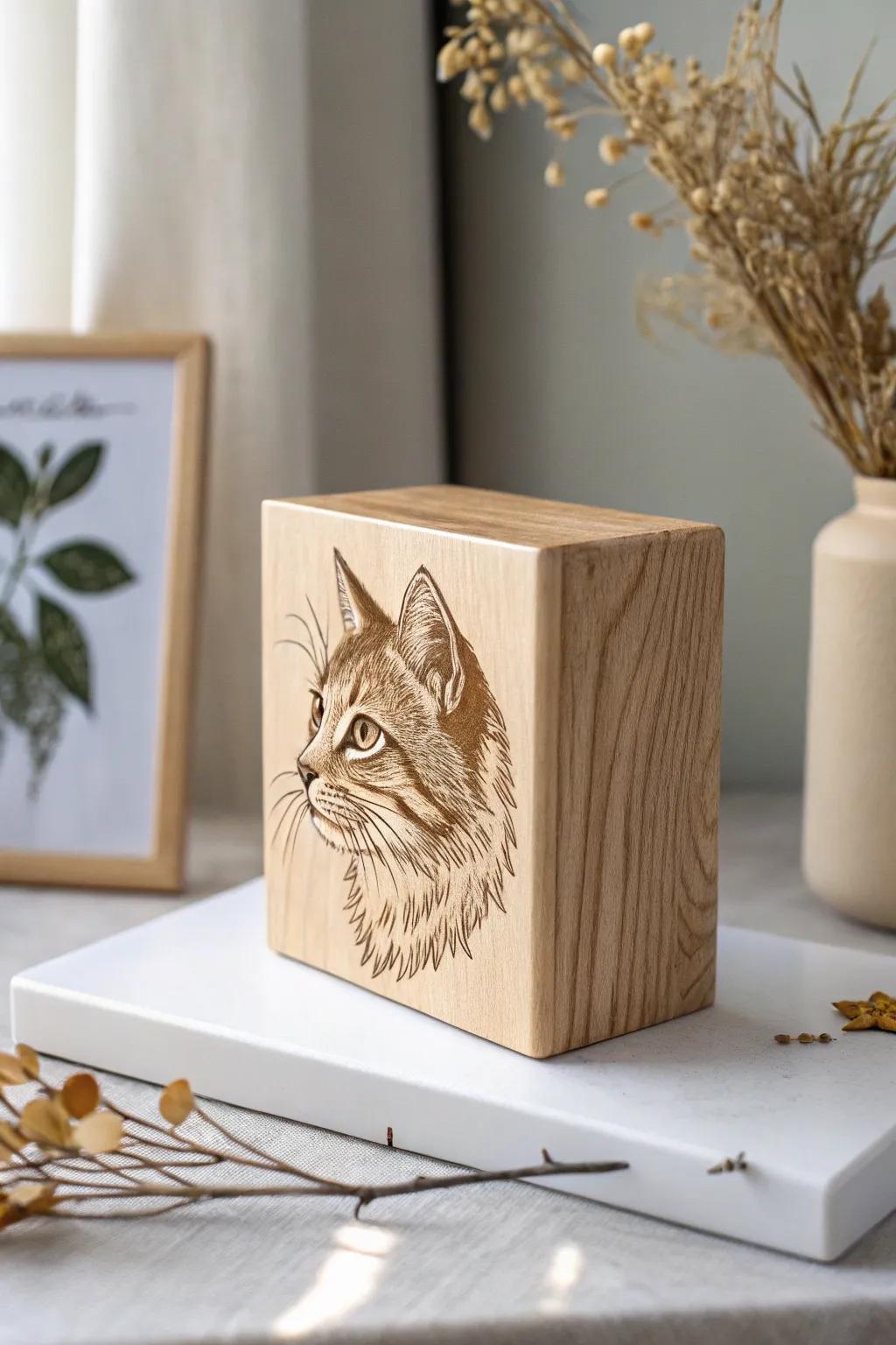 Cherish your pet's charm with a laser-engraved portrait that adds a touch of natural elegance to your space.