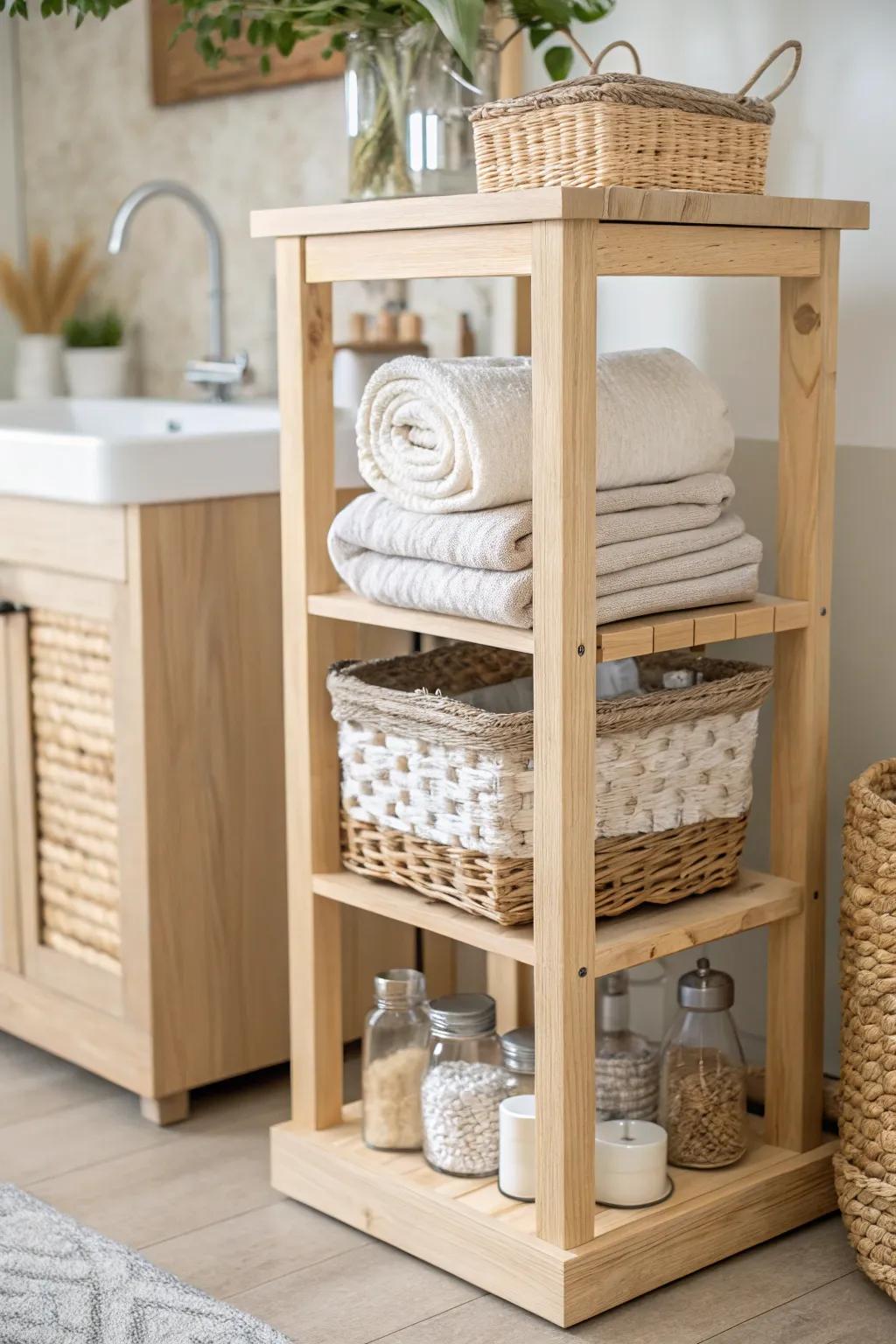 Elevate your laundry space with multi-level shelving for a touch of organized elegance.