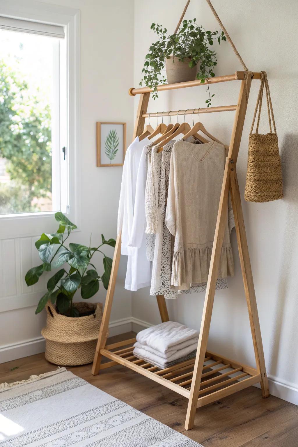 Transform your corner nook into a charming laundry space with this minimalist hanging rack. Perfect for adding style and functionality to any room!