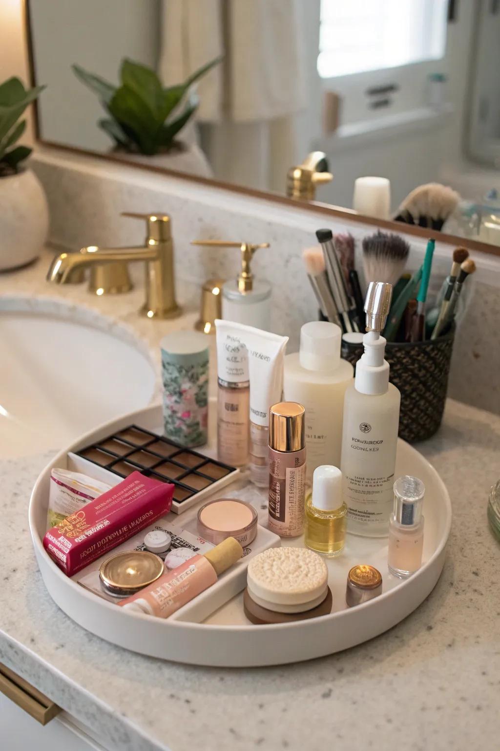 A serene bathroom counter with a lazy susan organizing beauty products.