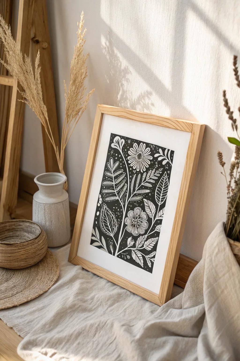 Discover the beauty of simplicity with a striking black and white linocut design.