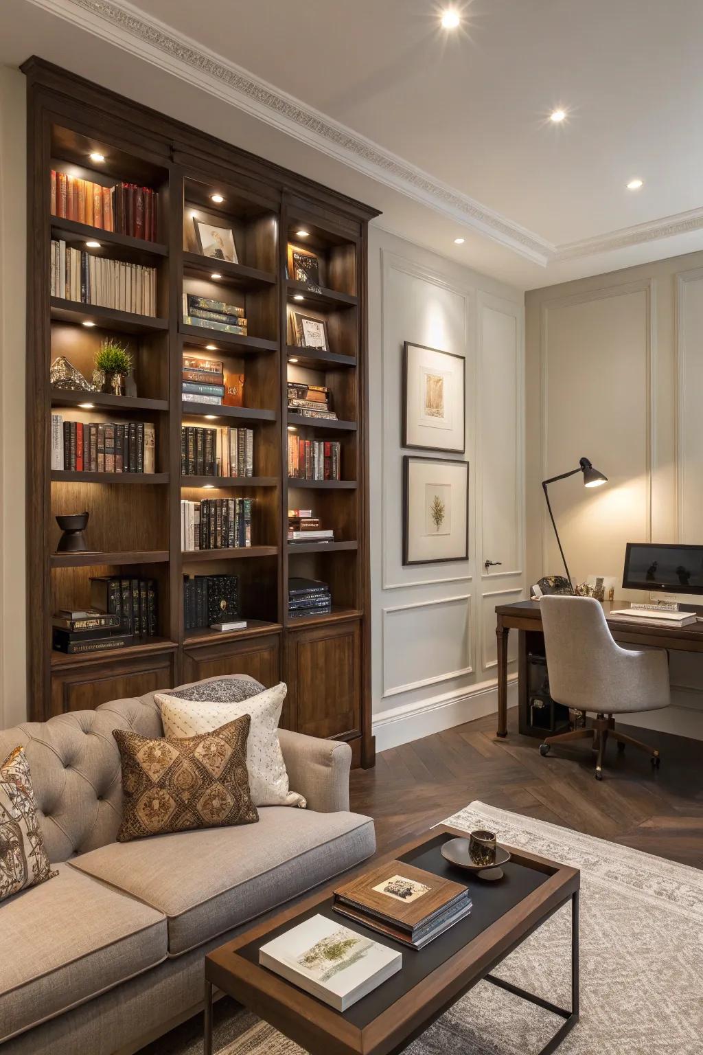 A bookshelf serves as both storage and boundary.