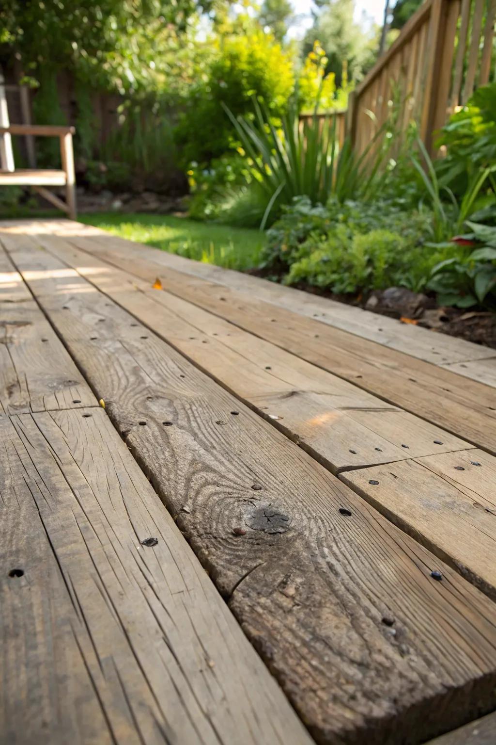 Embrace rustic elegance with a floating deck crafted from reclaimed wood, where every grain tells a story of sustainability and craftsmanship.