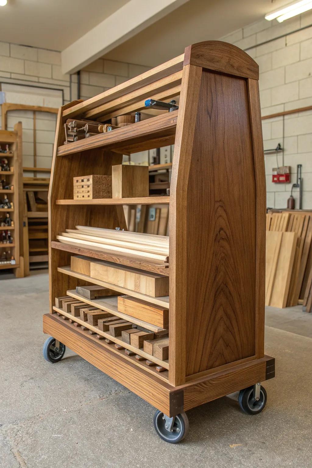 Elevate your workshop with this versatile rolling lumber trolley - a blend of functionality and craftsmanship.