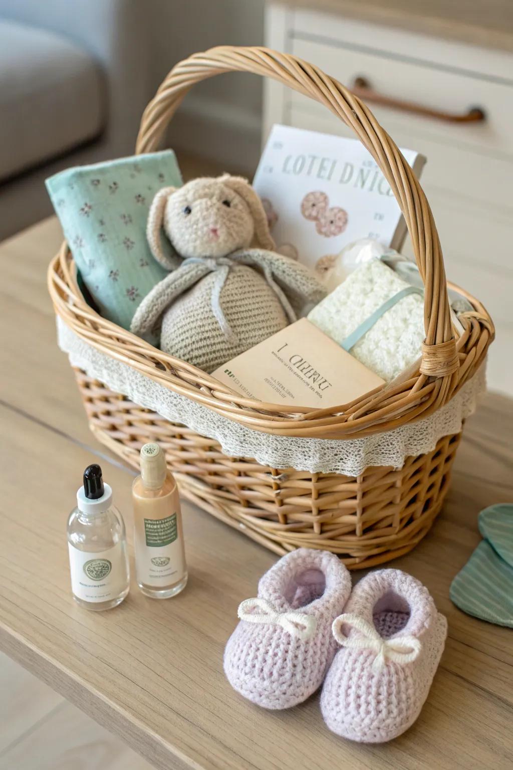 Thoughtfully crafted New Parent Hamper: A heartfelt gift brimming with baby essentials and a special treat for mom. Perfectly blending simplicity and warmth.