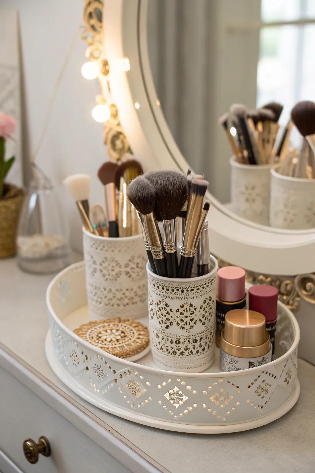 A tray display adds luxury and organization to makeup brush storage.