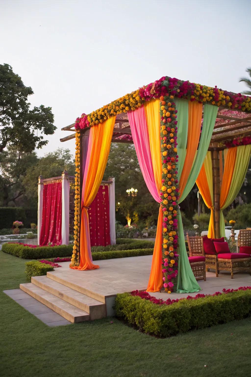 Whimsical colorful drapes add a playful touch to a mandap.