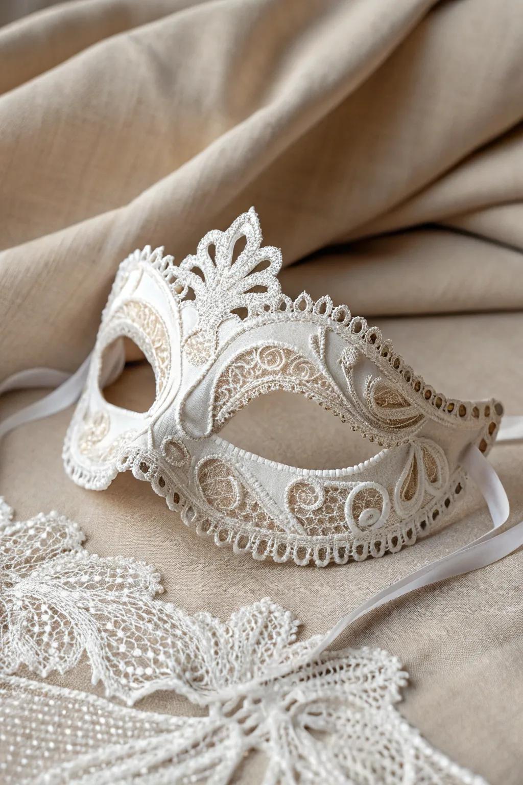 Embrace elegance with a lace-adorned Mardi Gras mask, where mystery meets minimalist charm.