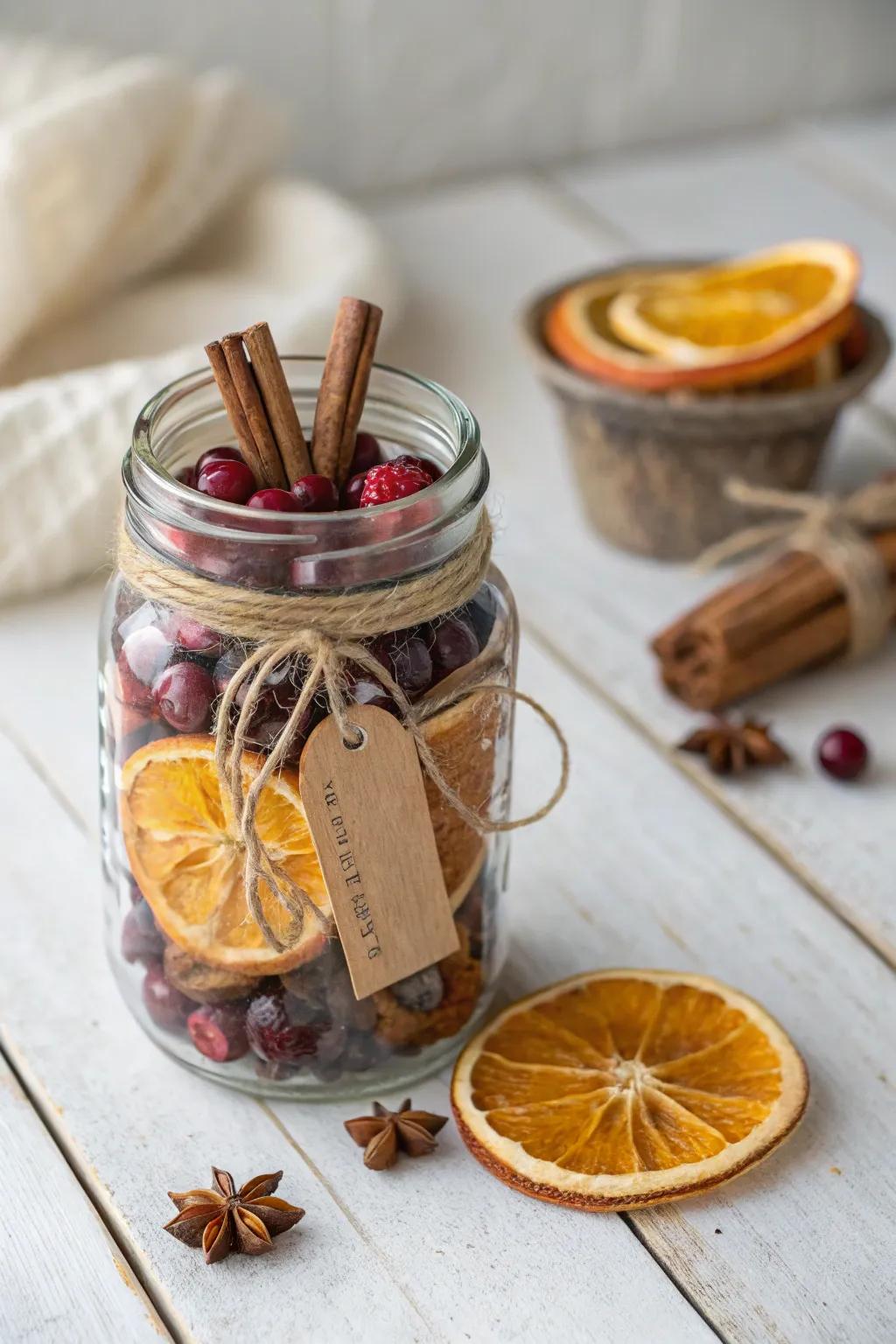 Capture the essence of the season with a handcrafted potpourri jar, a perfect blend of simplicity and holiday charm.
