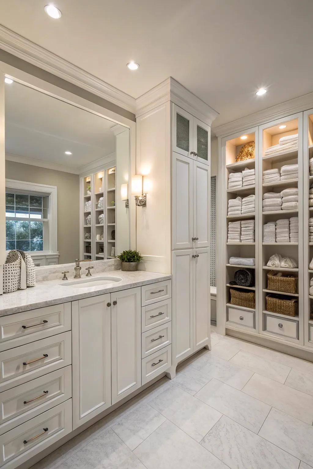 Custom storage solutions keep your bathroom organized and clutter-free.