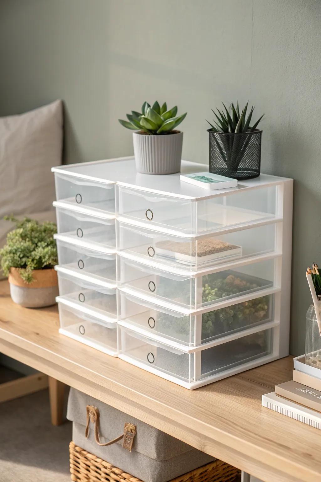 Elevate your organization game with stackable plastic drawers – where simplicity meets style.