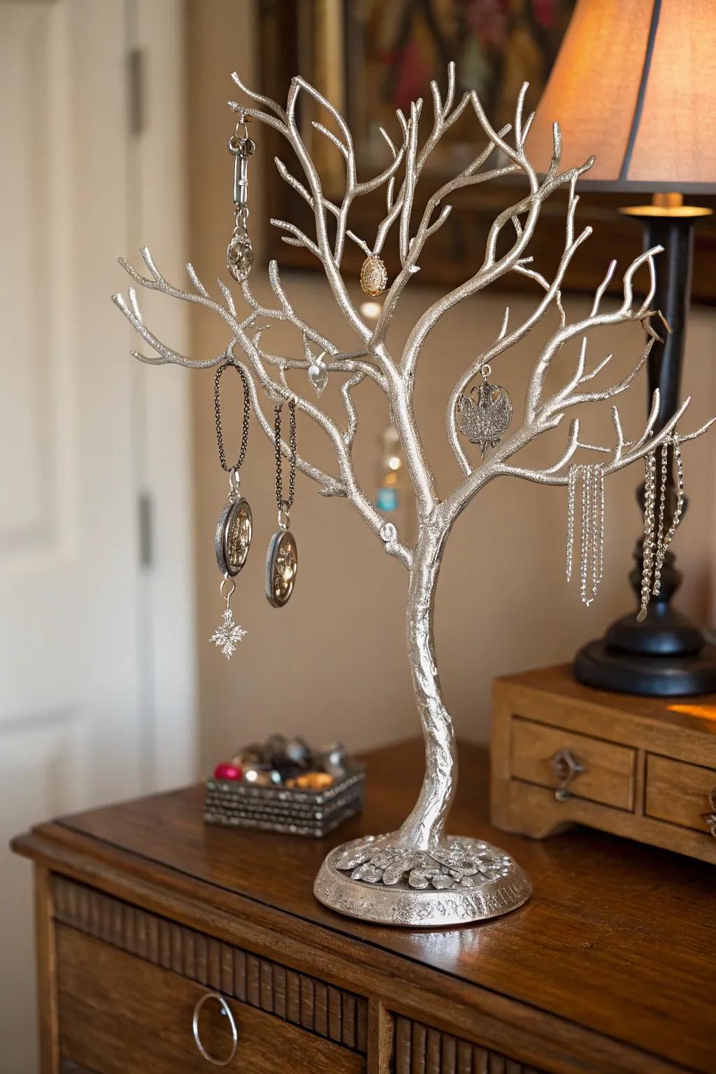 Elevate your accessory organization with this exquisite handmade jewelry tree crafted from reclaimed metal.