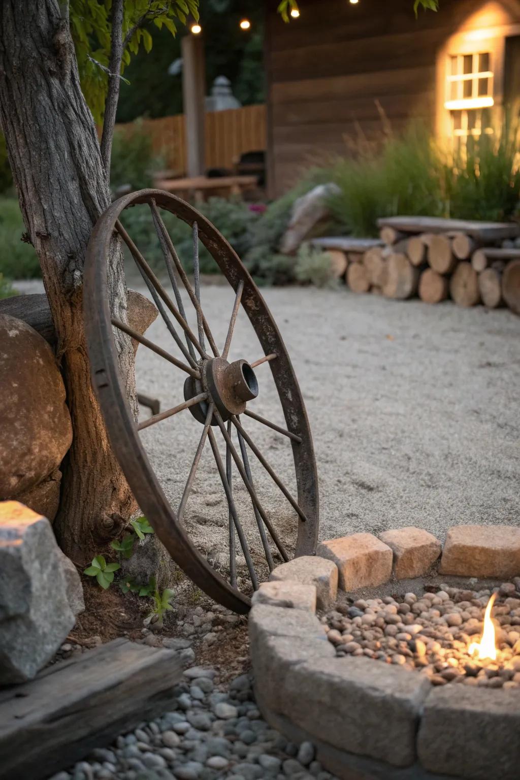 Transform your fire pit with rustic charm using a vintage wagon wheel surround.