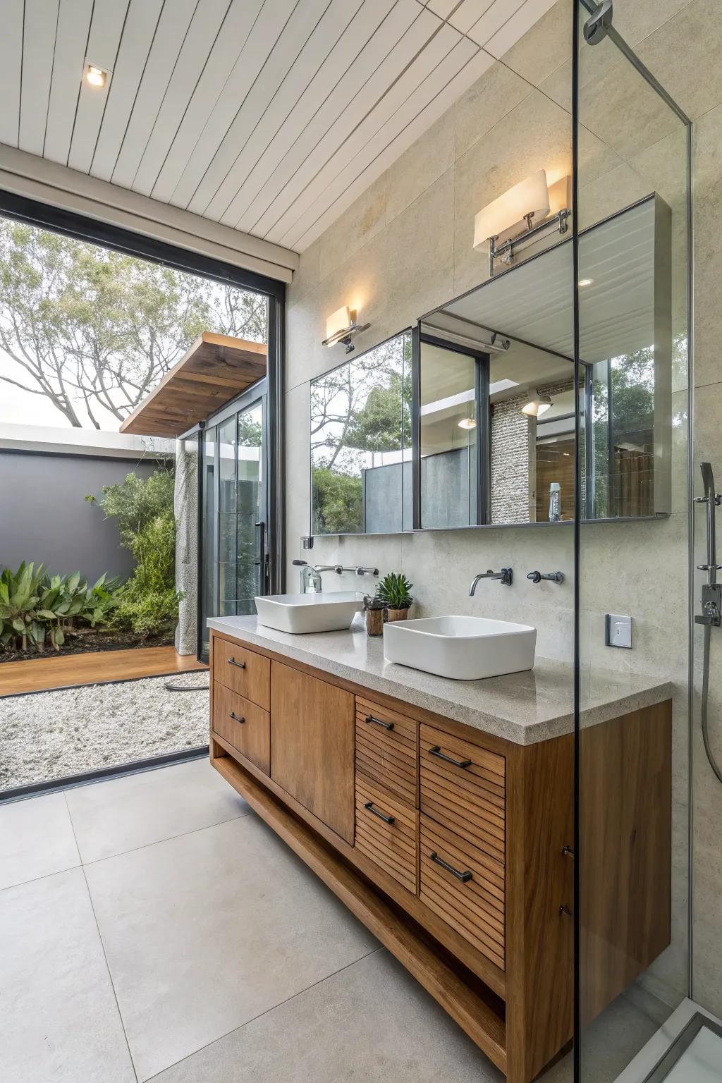 Mixing materials like wood and glass adds depth to modern bathroom designs.