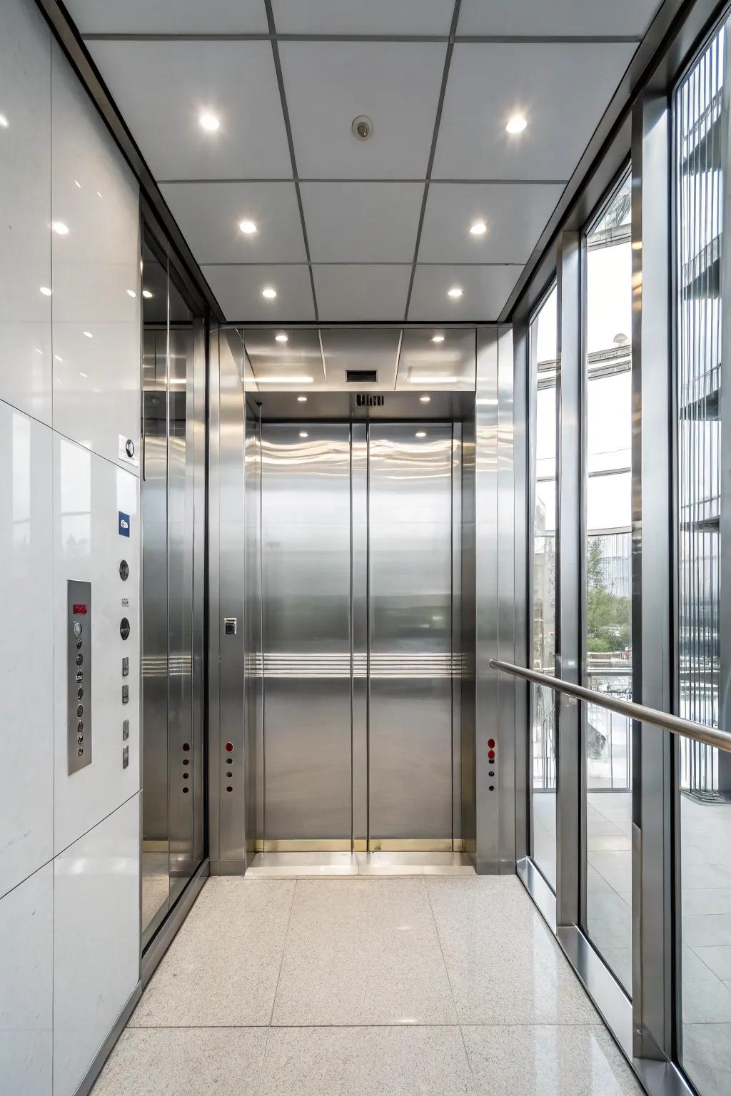 A minimalist elevator interior with clean lines and a calm atmosphere.