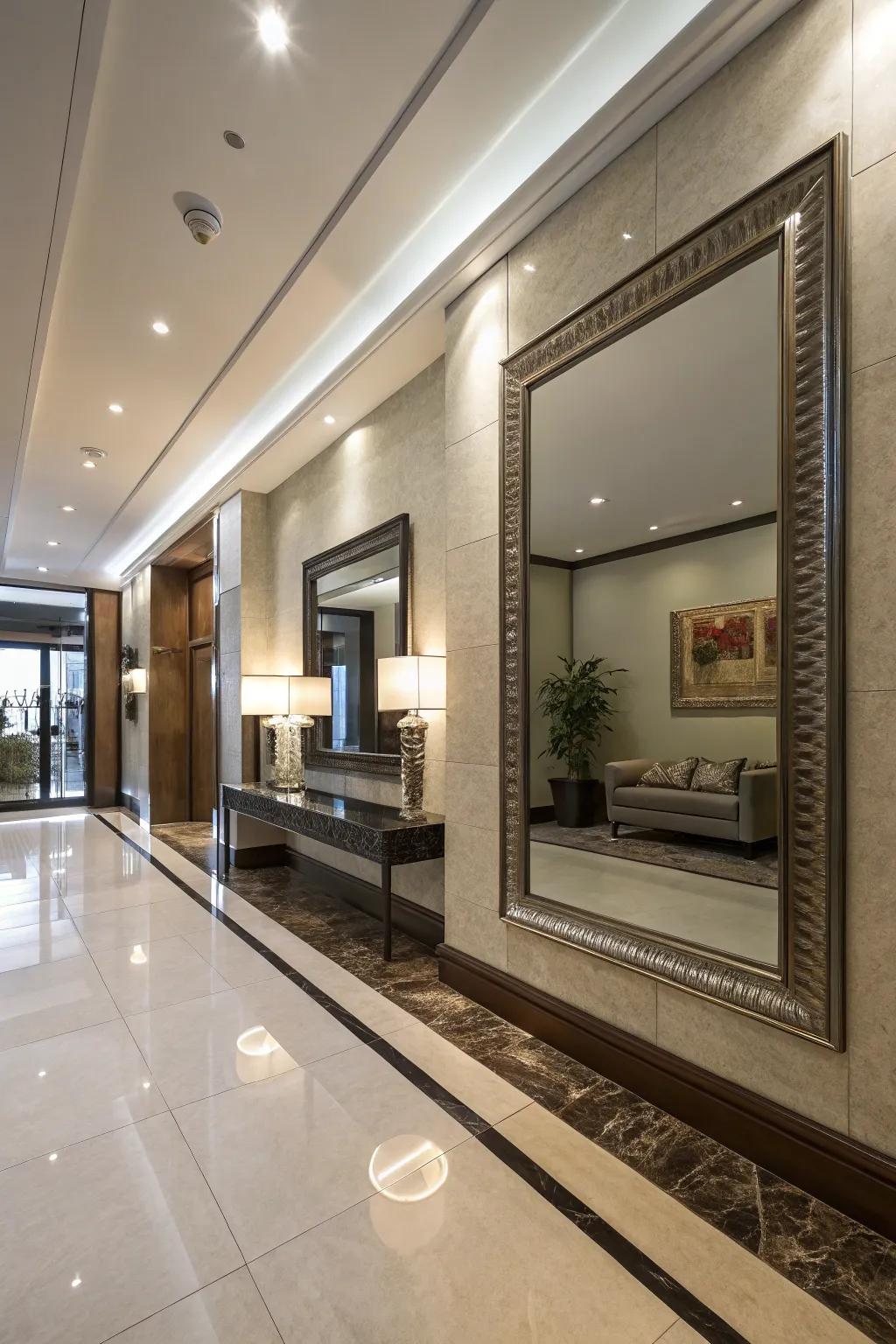 A large mirror adds depth and brightness to this modern foyer.