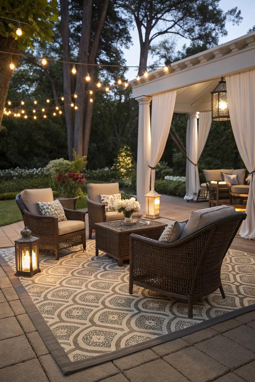 Outdoor carpets add comfort and style to patio spaces.