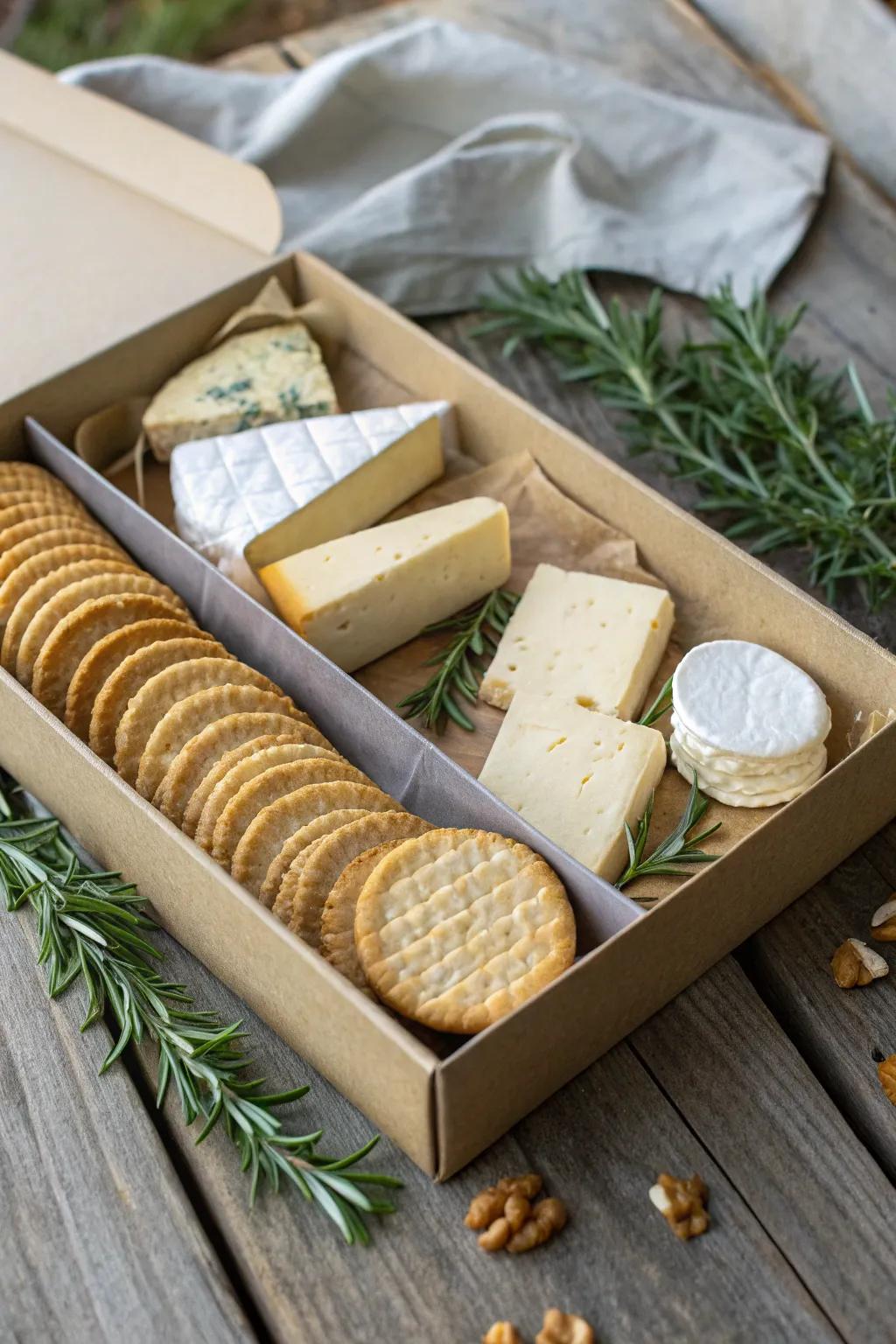 Delight her senses with an exquisite gourmet cheese and cracker gift box, perfect for the mom who appreciates fine flavors.