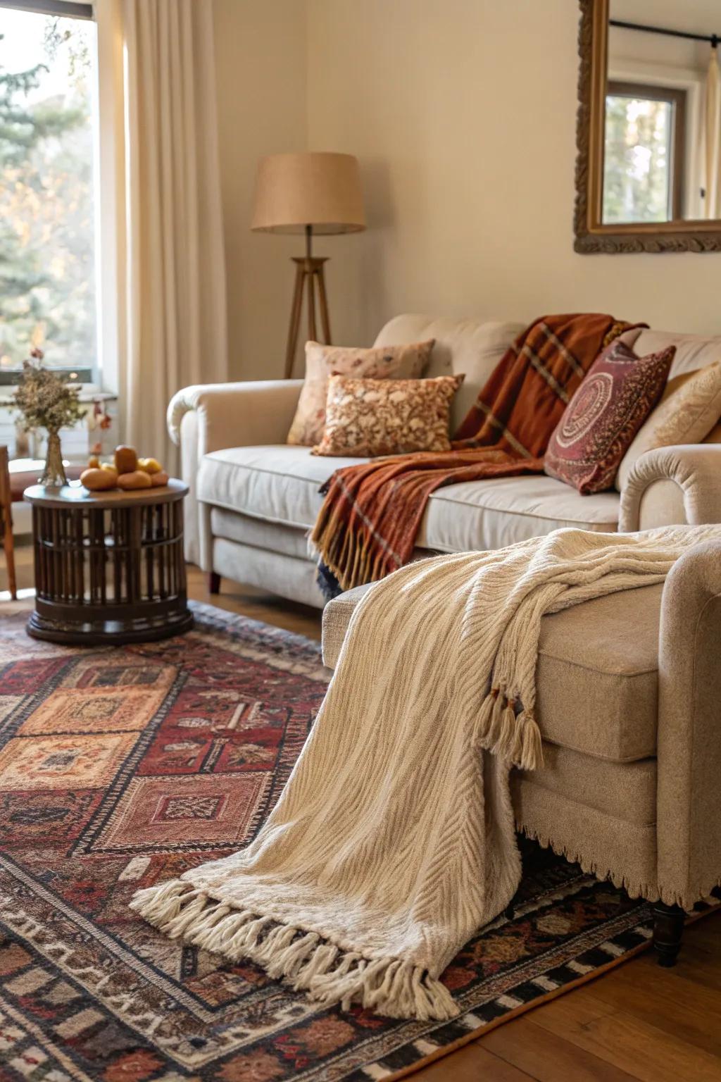 Textural layers of rugs and throws enhance the room's coziness.