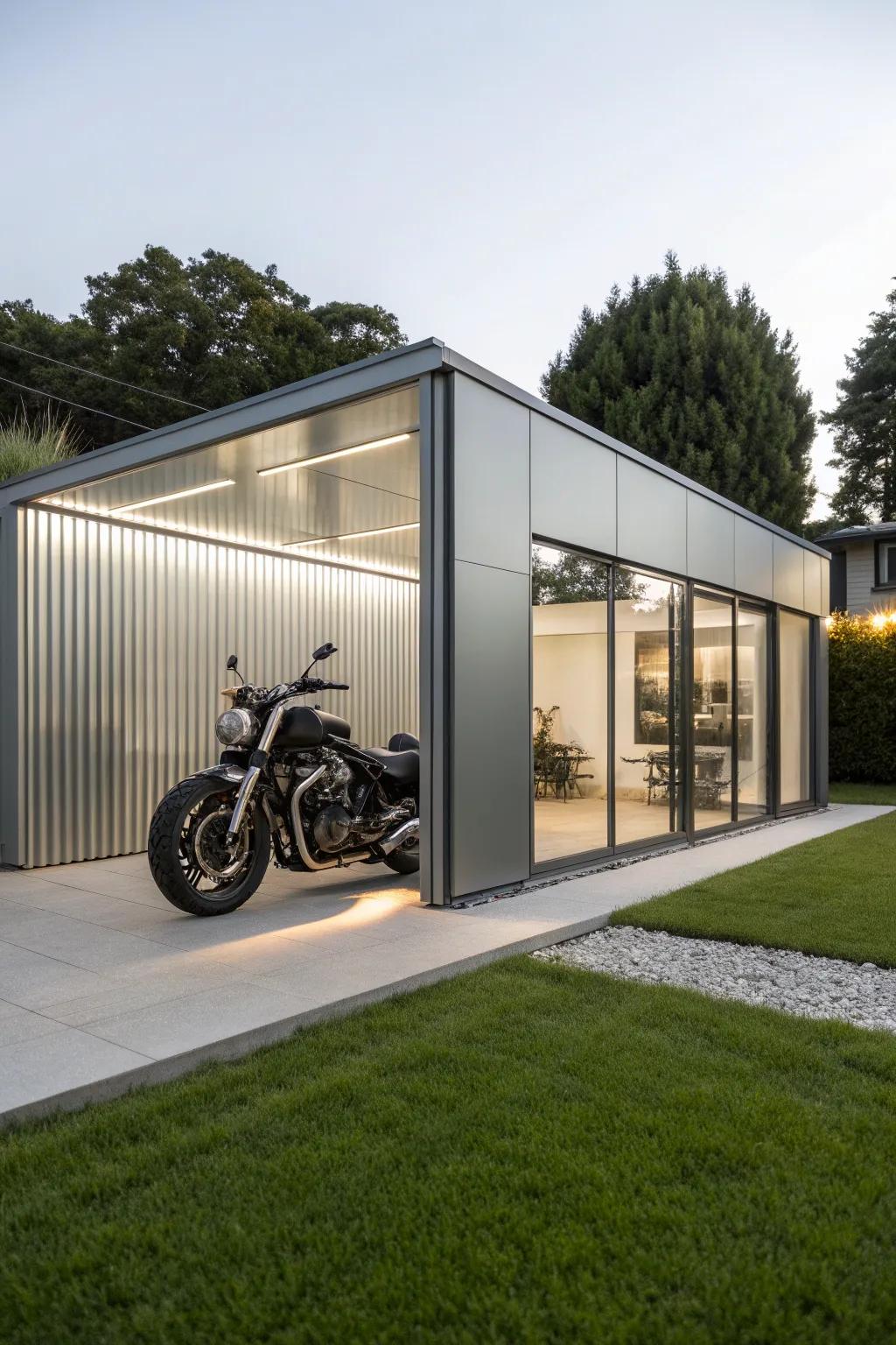 Embrace minimalism with a sleek modern motorcycle shed that complements your contemporary lifestyle.