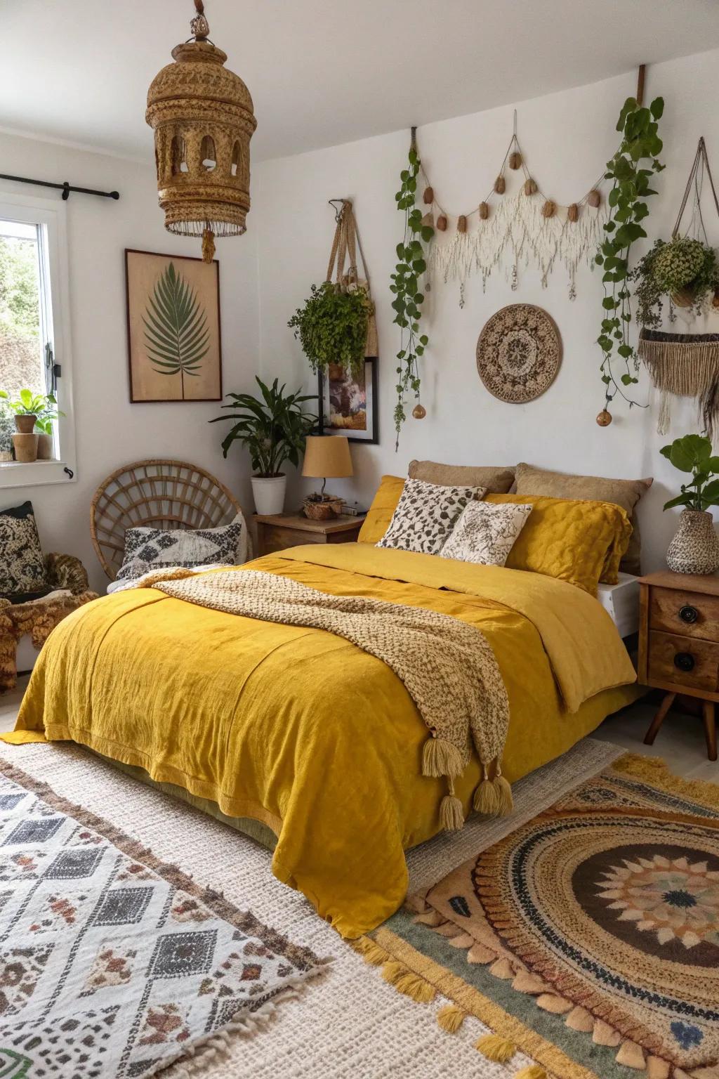 A bohemian bedroom featuring layered textures and mustard yellow bedding.