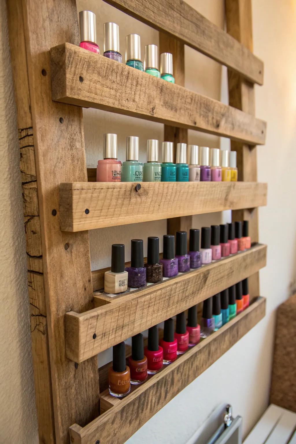 Showcase your nail polish collection with rustic charm and vibrant colors.