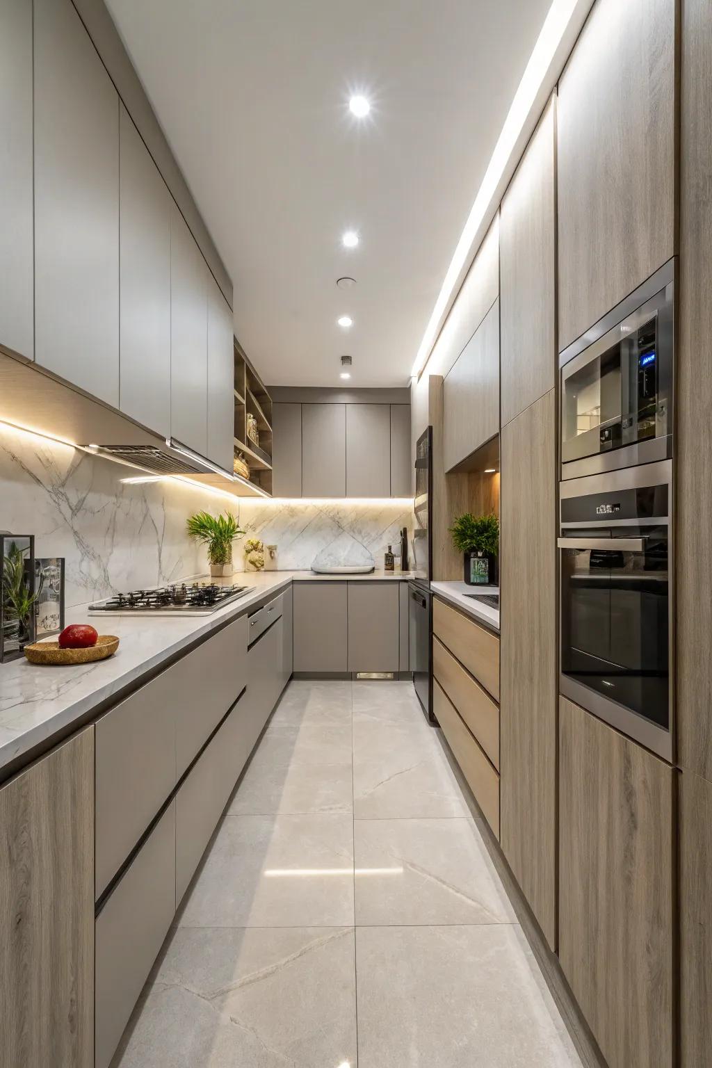 Sleek narrow cabinets seamlessly integrated into a modern kitchen design.