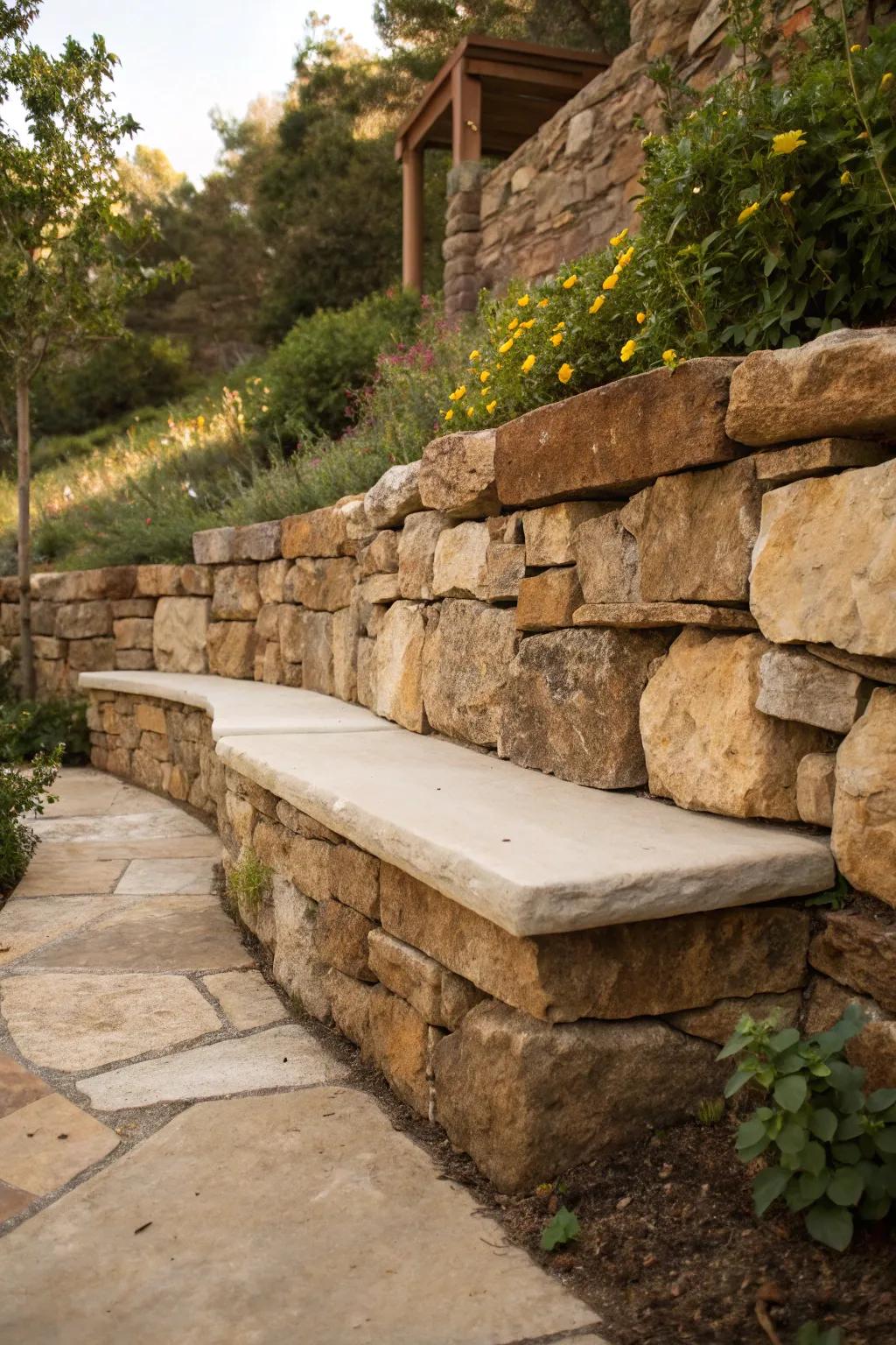 Embrace craftsmanship: A rock wall that invites you to sit and savor nature.