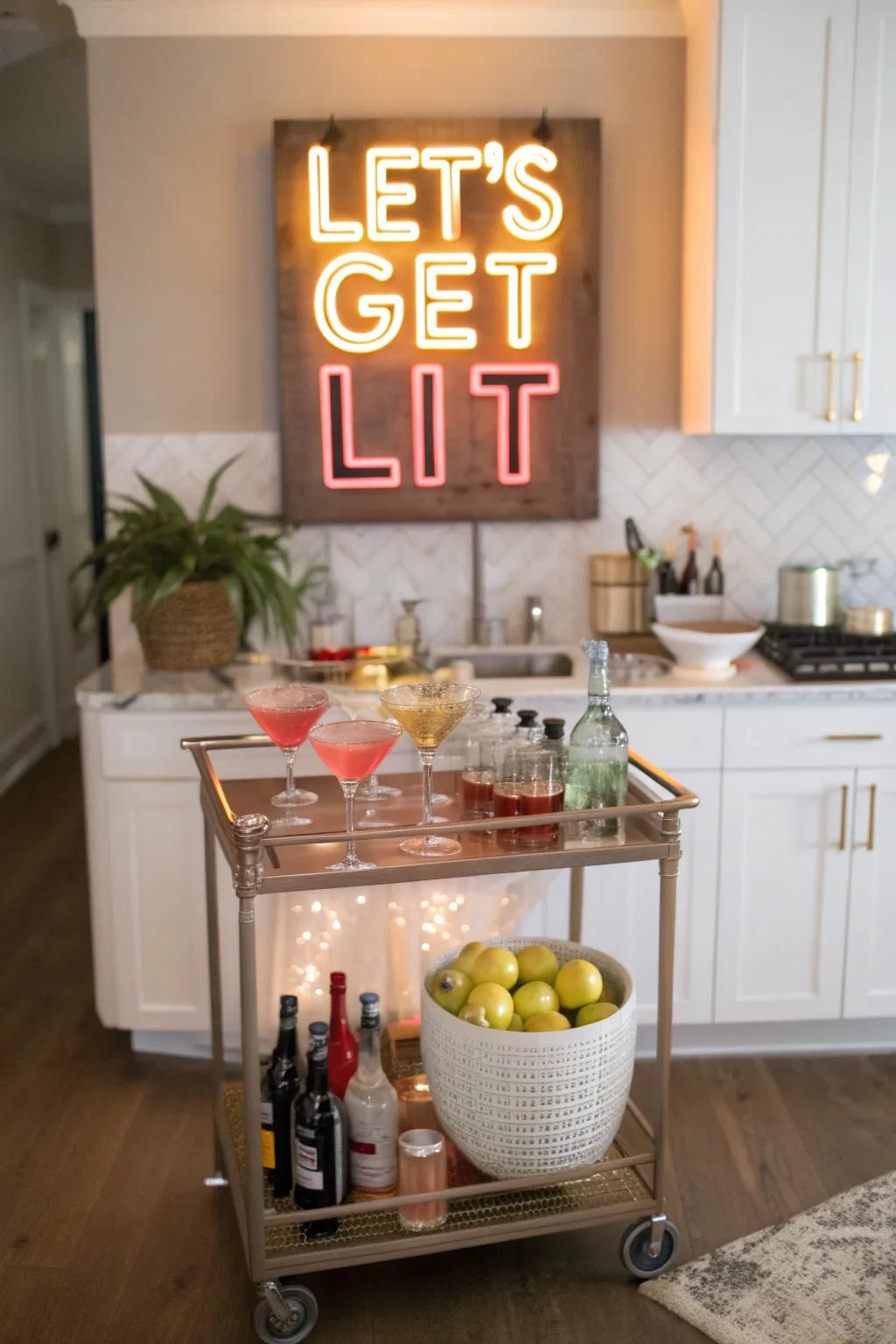 A playful neon sign adds fun to a modern kitchen bar area.