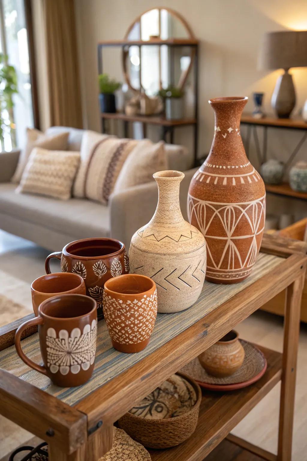 Handmade pottery adds a personal and artistic flair.