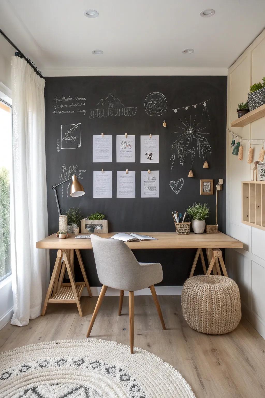 Capture your creativity instantly with a chic chalkboard wall in your craft room.