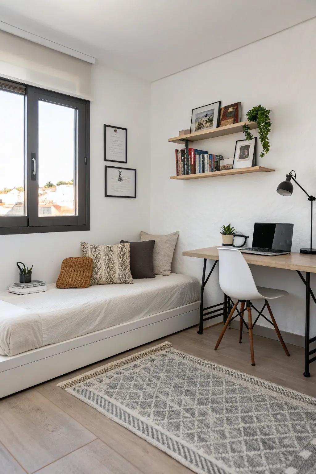 A minimalist daybed offers a serene and uncluttered workspace.