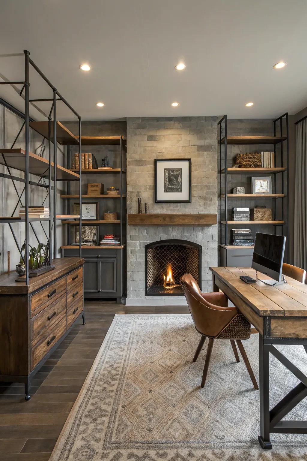 A blend of materials adds texture to the office.
