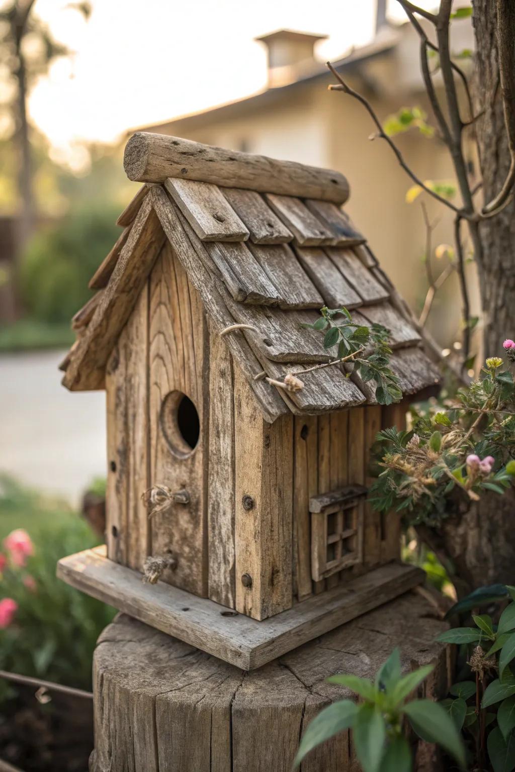 Craft a cozy haven for feathered friends with this charming birdhouse made from reclaimed fence wood.